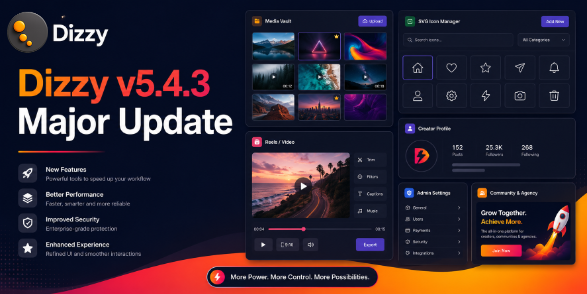 Dizzy v5.4.3 Update: Vault, SVG Icons, Landing Sections, Reels Controls and UI Improvements