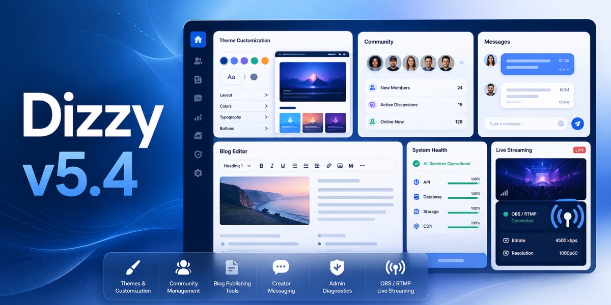 Dizzy v5.4 Update: Site Themes, Communities, Blog Tools, Messaging, and OBS/RTMP Support